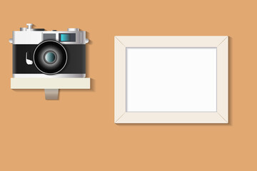 photo frame on the wall and vintage camera. vector illustration