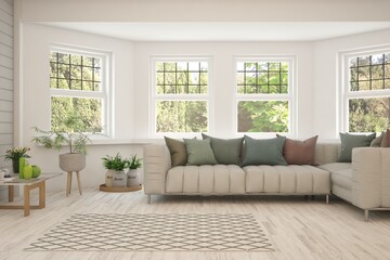 White living room with sofa and summer landscape in window. Scandinavian interior design. 3D illustration