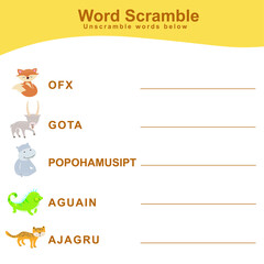 Animals Spelling Word Scramble. Spelling words worksheet. Educational activity for preschool kids. Vector illustration.