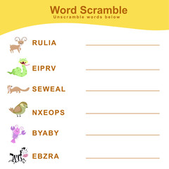 Animals Spelling Word Scramble. Spelling words worksheet. Educational activity for preschool kids. Vector illustration.