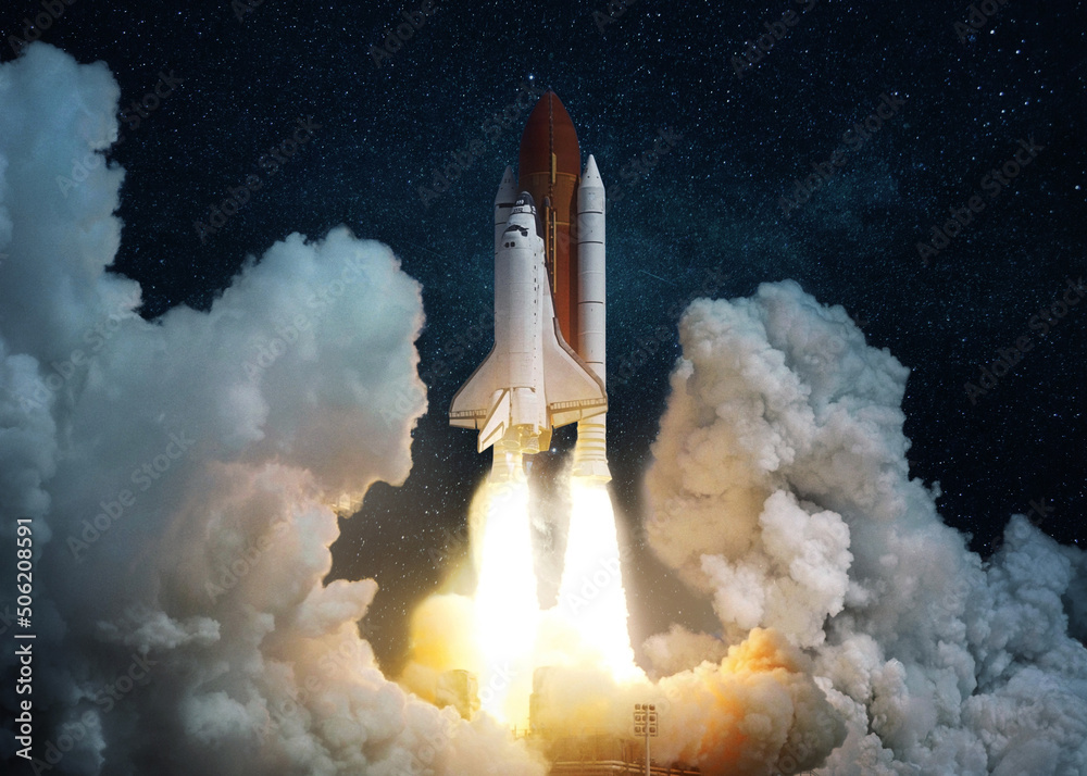 Poster spaceship with blast and clouds of smoke lift off into the starry blue sky. successful launch of the