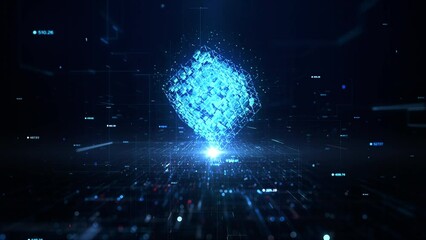 Blue Digital Cube Circle Rotation, Technology and Metaverse, Technology Digital Data Network and Blockchain Connection, Abstract Background - Powered by Adobe