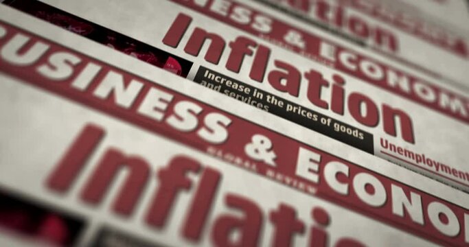 Inflation, economy, unemployment and rising prices daily newspaper report printing. Abstract concept retro 3d rendering seamless looped animation.