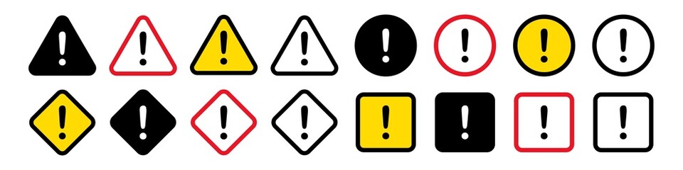 Exclamation mark icon. Warning and caution signs set. Triangle, round and square attention symbols isolated on white background. Vector illustration.