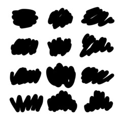 Black spots drawn by hand with a brush stroke. A collection of doodle lines, a hand-drawn template.Vector set isolated on a white background. Stroke lines with a black felt-tip pen and a grunge brush - obrazy, fototapety, plakaty