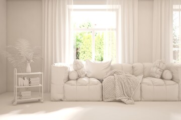 Mock up of stylish room in white color with sofa and green landscape in window. Scandinavian interior design. 3D illustration