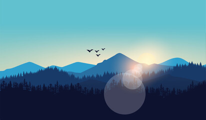sunset in mountains Vector illustration of the pine trees forest receding into the distance on the background