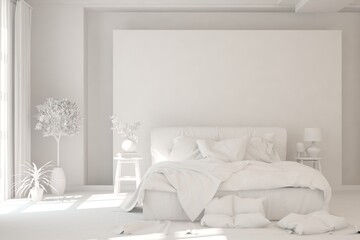 White bedroom interior. Scandinavian design. 3D illustration