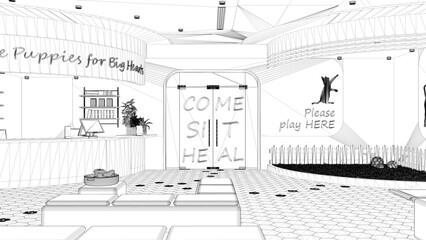 Blueprint project draft, veterinary clinic. Waiting room with sitting benches and pillows, reception desk, play garden with grass and toys for cats and dogs. Interior design concept