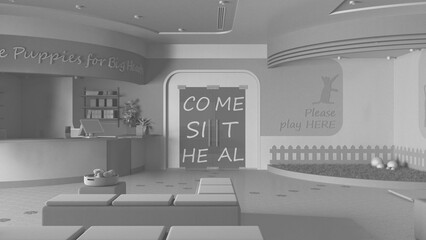 Total white project draft, veterinary clinic. Waiting room with sitting benches and pillows, reception desk, play garden with grass and toys for cats and dogs. Interior design concept