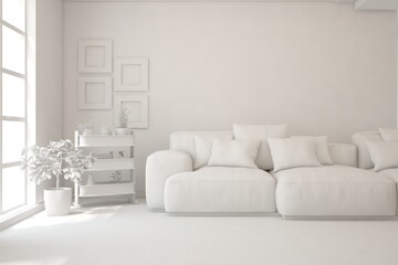 White minimalist living room with sofa. Scandinavian interior design. 3D illustration