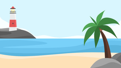 landscape illustration peaceful beach background with blue sea and clear sky, coconut trees, and lighthouse suitable for summer design, vacation, decoration, and more