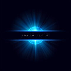 Vector template with light blue flash and copy space. Illustration with realistic explosion, bright rays on dark background. Lens effect. Space wallpaper with place for text.