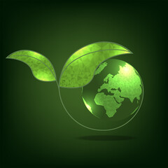 Green earth icon. World environment day. Ecology concept. Global map with leaves on Green background. Leaf world vector logo template. 