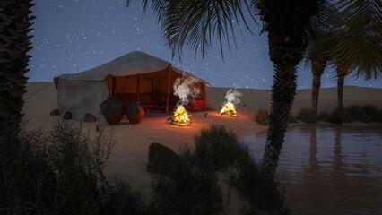 Bedouin tent in an oasis in the desert at night with stars in the sky. 3D illustration. - obrazy, fototapety, plakaty