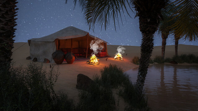 Bedouin tent in an oasis in the desert at night with stars in the sky. 3D illustration.