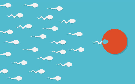 The sperm cell leader . Active sperm cells swim to the egg. Background of moving sperm. Vector illustration.