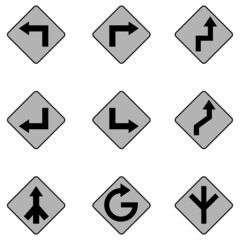 Icon about road signs, curves, straight, parallel, turn left and right, black gray