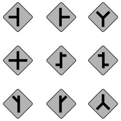 Icon about road signs, left-right, top-bottom or dead-end intersection, gray black