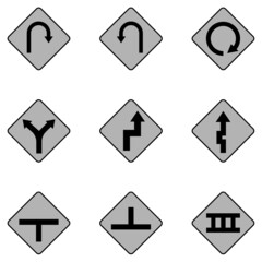 Icons about road signs, curves, railroads, zigzag, gray and black