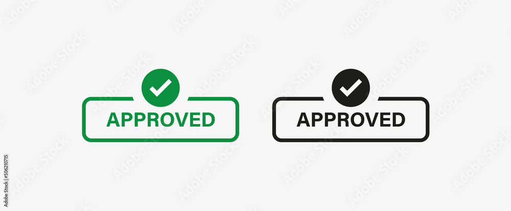 Aufkleber approved label banner with checkmark icon button. accepted button with checkbox frame tick icon, check mark sign - line outline frames