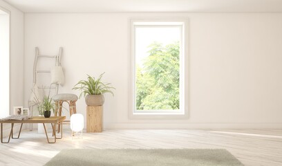 White empty room with wooden home decoration and summer landscape in window. Scandinavian interior design. 3D illustration