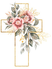 Cross Clipart, Watercolor golden frame cross With pink peony flowers and greenery bouquet, Baptism Cross clip art, Wedding invites, Holy Spirit, Religious illustration, easter - 506210735