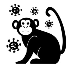 Vector illustration of monkey icon with virus cells. new Monkeypox 2022 virus - disease transmitted by monkey, ape in simple flat style isolated on white background