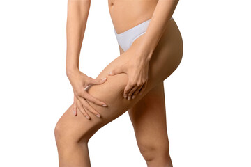 cropped shot of a young woman in white underwear grabbing  the skin on her hips with cellulite isolated on white background. Taking care of body. The  youung woman is doing self-massage. © Karina