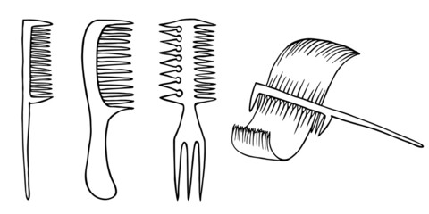 Barber comb set. Сomb with frequent and rare teeth and double-ended comb with a fork on the handle. Outline doodle sketch. Vector icon of professional hairdresser tool for hairdressing salon concept. - obrazy, fototapety, plakaty