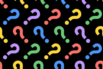 Abstract seamless pattern question marks in rainow colors on a black background.