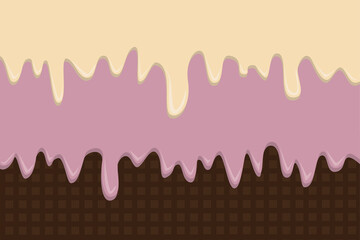 Texture of flowing vanilla and strawberry ice cream in waffle for background. Vector image.