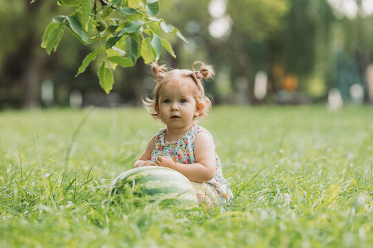 sweet baby girl with a huge watermelon is sitting on a green lawn. child plays outdoors, park. healthy snack for kids. space for text. High quality photo