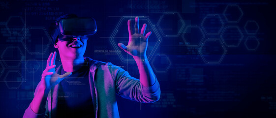 Metaverse digital cyber world technology, man with virtual reality VR goggle playing AR augmented reality game and entertainment, futuristic metaverse virtual future game ideas