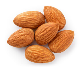 Almond isolated. Almonds on white background. Almond nuts top view. With clipping path. Full depth of field.