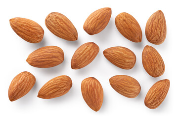 Almonds isolated. Almond set on white background. Almond background top view. With clipping path....