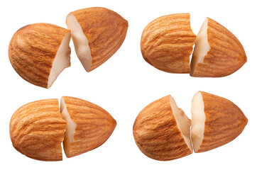 Almond isolated. Almonds on white background. Almond set top view. Broken nuts with clipping path. Full depth of field.