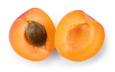Apricot isolated. Cut apricots on white background. Apricot half with clipping path. Full depth of field.