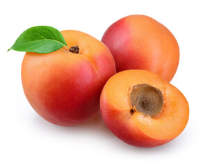 Apricot isolated. Three apricots on white background. Yellow apricot, apricot with leaf, sliced apricot, apricot composition. With clipping path. Full depth of field.