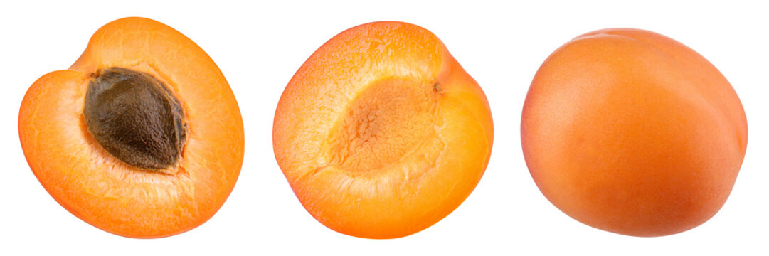 Apricot isolated. Apricots on white. Whole, half, slice apricots top view. Apricot set with clipping path. Full depth of field.