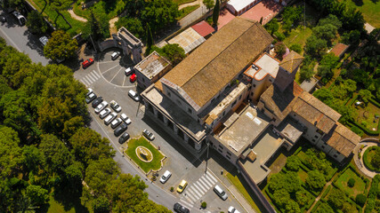 Aerial view of the Minor Basilica of St. Mary in Domnica alla Navicella in Rome, Italy. It's a...