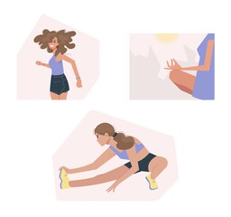 Set of female characters. The girls go in for sports. The concept of a healthy lifestyle. Vector isolated illustration of women collection. Modern flat style.