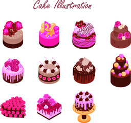 Cartoon cakes. Colorful delicious desserts, birthday cake with celebration candles and chocolate slices, holiday party decoration cupcakes vector set