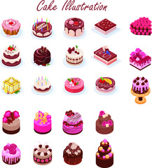 Cartoon cakes. Colorful delicious desserts, birthday cake with celebration candles and chocolate slices, holiday party decoration cupcakes vector set