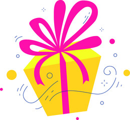 Confetti and balloons fly out of the box. People blow their whistles. Birthday concept. vector illustration in cartoon style. Giveaway text above with confetti explosion inside on colorful background