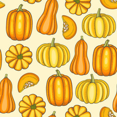 Seamless pattern with ripe orange pumpkins.