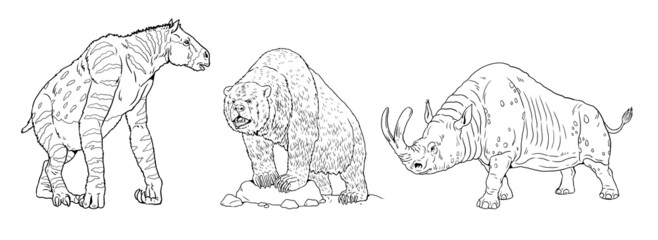 Prehistoric animals - Chalicotherium, cave bear and Megacerops. Drawing with extinct animals. Template for coloring book.