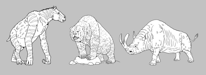 Prehistoric animals - Chalicotherium, cave bear and Megacerops. Drawing with extinct animals. Template for coloring book.