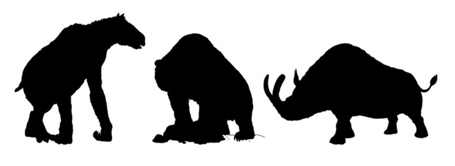 Prehistoric animals - Chalicotherium, cave bear and Megacerops. Drawing with extinct animals. Black silhouette drawing.