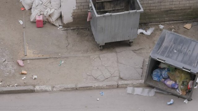 Overturned Trash Can, Broken Garbage Dumpster
